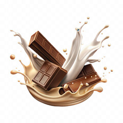 abstract 3d milk and chocolate splashes against each other isolated on white background