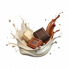abstract 3d milk and chocolate splashes against each other isolated on white background