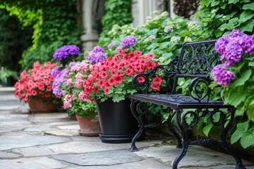 Ornamental garden path with colorful flowers and a wrought iron bench