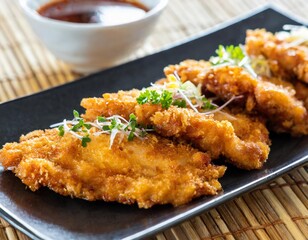 Spicy Chicken Katsu with Tonkatsu Sauce Photographed Sideways on Black Plate in Vibrant Japanese Street Food Scene