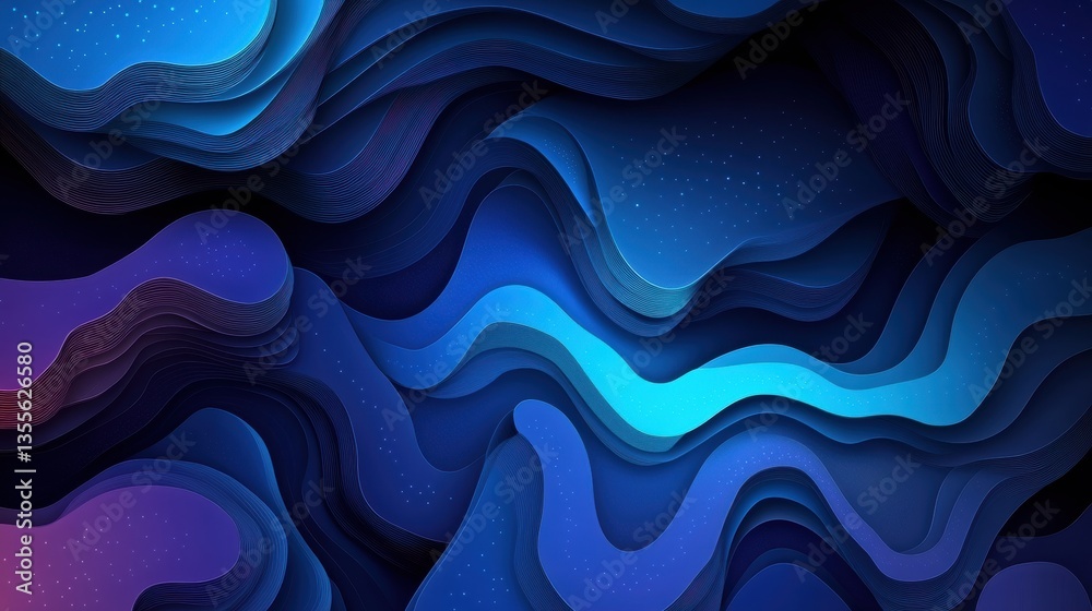 Poster Futuristic digital network concept showcasing interconnected nodes in layered paper cut style with glowing blue gradients