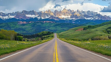 Naklejka premium A long empty road surrounded by green mountain peaks and scattered wildflowers