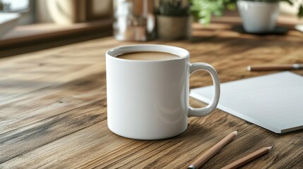 White mug of coffee on wooden table with pencils and notepad.