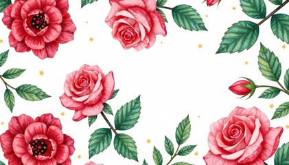 Intricate watercolor roses & leaves, repeating pattern, fabric pattern, red, botanical