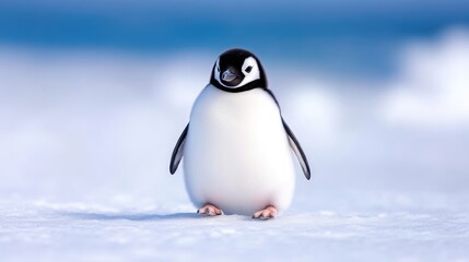 Naklejka premium Adorable little penguin on icy terrain. A pint-sized penguin stands on a bed of snow and ice, showcasing its fluffy white body and black markings. 