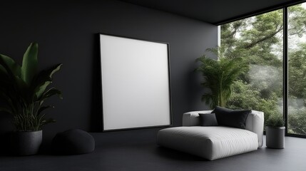 Modern minimalist living room with blank art display
