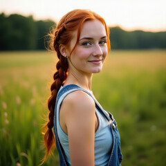 A young woman with vibrant red hair, styled in a braid, wearing denim overalls, smiles softly. She stands in a sunny rural area with a lush green background, embodying natural beauty and tranquillity