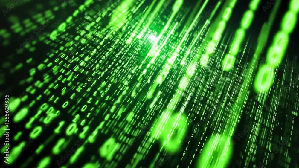 Poster digital stream: a mesmerizing stream of binary code, rendered in striking green against a dark backd