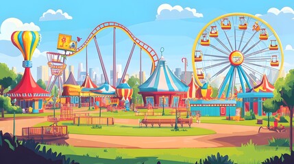 Vibrant Amusement Park Vector Illustration with Playful Carnival Rides and Attractions