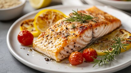 Grilled Salmon Fillet Served With Lemon Slices And Cherry Tomatoes On A White Plate