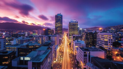 Fototapeta premium Wellington City at Twilight: A Vibrant Skyline