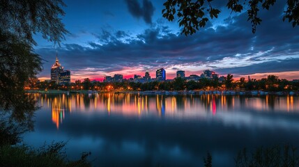 Fototapeta premium Serene Cityscape at Dusk: A Breathtaking Panorama of City Lights Reflected on Calm Waters