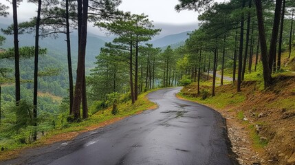 Obraz premium A peaceful backroad lined with towering pine trees, surrounded by green mountain slopes