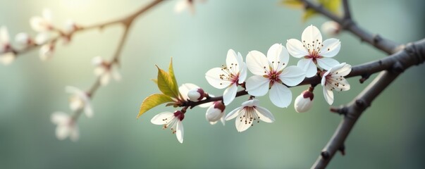 Fototapeta premium Minimalistic white blossoms on a tree branch, serene and peaceful atmosphere, spring, delicate, bloom