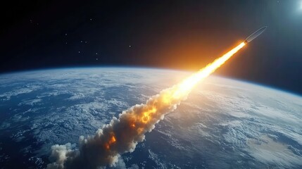 A photorealistic depiction of a rocket leaving Earth's atmosphere into the black void of space