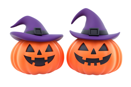Illustration Two Halloween Pumpkins With Purple Hat 3d Rendering Isolated