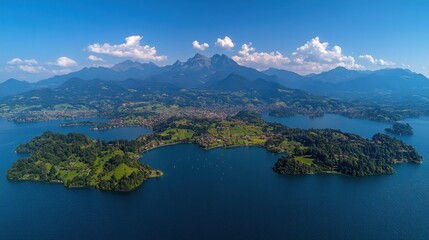 Obraz premium Stunning alpine lake with vibrant blue water surrounded by lush green meadows. Majestic mountains rise in the distance under a clear blue sky with fluffy white clouds. 