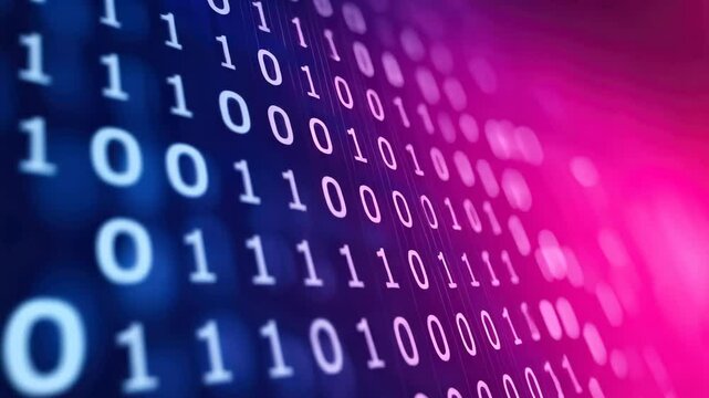 Digital Binary Code Animation on Black Background in Futuristic Purple and Blue Colors Depicting Data Movement and Technology Concepts