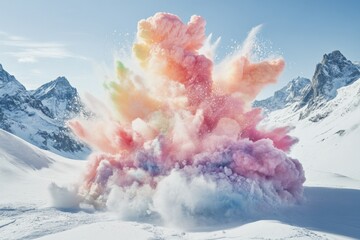 Colorful powder explosion in snowy mountains.