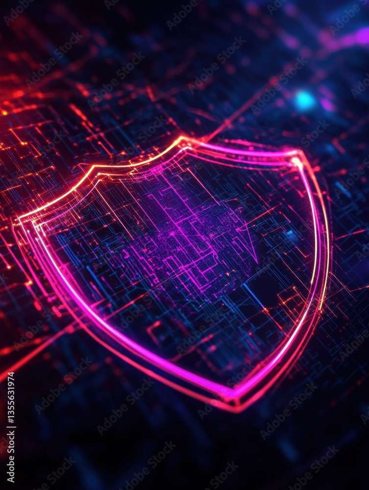 Poster futuristic security theme featuring a glowing shield symbol with neon lights and digital safety aest