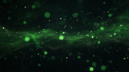 Celestial Green Glow: Abstract ethereal background features luminous green particles with bokeh effects. Capturing a sense of magic, wonder, and the mysteries of the cosmos.