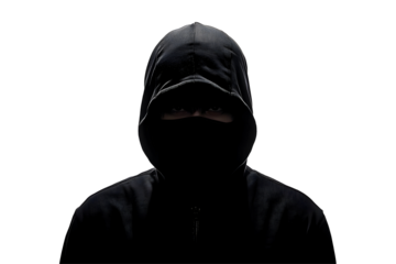 Mysterious Silhouette Portrait Of A Person Wearing A Black Hoodie With Shadow Lighting Effect Against Isolated Black Background Image