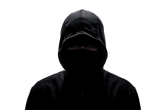 Mysterious Silhouette Portrait Of A Person Wearing A Black Hoodie With Shadow Lighting Effect Against Isolated Black Background Image