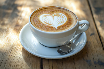 Fototapeta premium Cup of cappuccino with heart latte art on a wooden table, close-up view