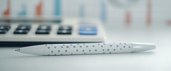 White Pen with Grey Dot Pattern on Desk near Blurred Calculator and Charts