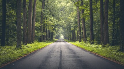Obraz premium A smooth paved road disappearing into the thick green forest, with towering trees on both sides