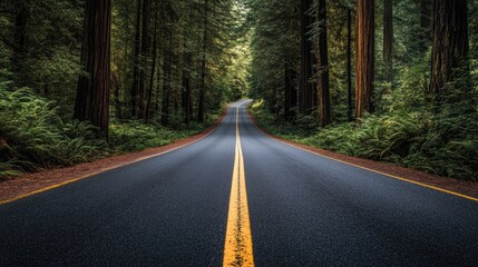 Fototapeta premium A smooth paved road disappearing into the thick green forest, with towering trees on both sides