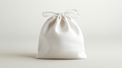 A soft white drawstring pouch resting gently on a seamless white background