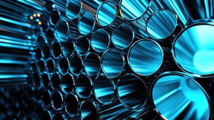 Obraz premium A stack of industrial steel pipes with subtle reflections on a black background