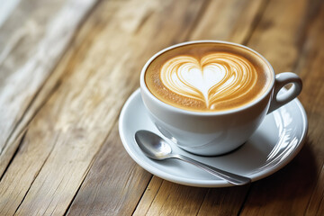 Cup of cappuccino with heart latte art on a wooden table, close-up view