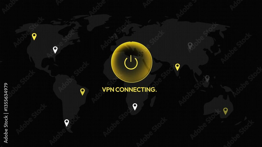Poster vpn connecting screen 4k animation with world map and location blinking. loading screen of vpn anima