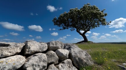 Lone tree atop a stone wall under a vast blue sky