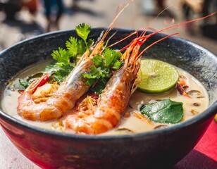 Spicy Prawn Laksa with Coconut Milk Base Photographed Close-Up in Deep Bowl Against Vibrant Malaysian Street Scene