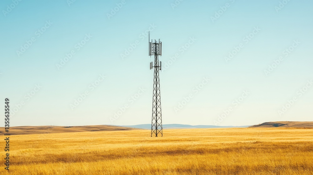 Poster a close-up of a telecommunication tower standing in an expansive open field with an empty backdrop f