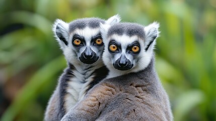 Obraz premium Ring-tailed Lemurs Embrace: A Close-up of Two Adorable Lemurs Huddled Together in Lush Greenery