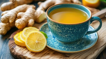 Fototapeta premium A vibrant cup of ginger and lemon herbal drink with fresh ginger slices beside it