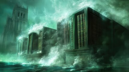 Obraz premium Forbidden Library Ancient Knowledge in a Mystical Storm.