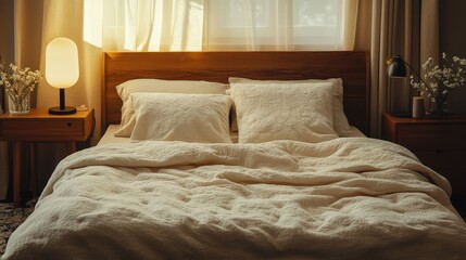 A cozy bed with a modern bedding set in muted tones, with fluffy pillows arranged neatly and lots of space around the bed for branding.