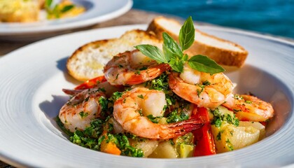 Spicy Shrimp Scampi with Garlic Bread Shot Close-Up on White Plate in Bright Italian Coastal Evening Sun