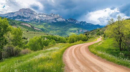 Fototapeta premium A winding dirt road in the mountains, surrounded by fresh greenery and wildflowers
