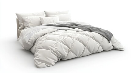 A fresh and cozy bedding set with a soft white duvet and matching pillows, neatly arranged with empty space for text.