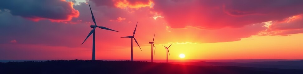 Fototapeta premium Silhouette of wind turbines against a colorful sunset sky, energy, silhouette, power