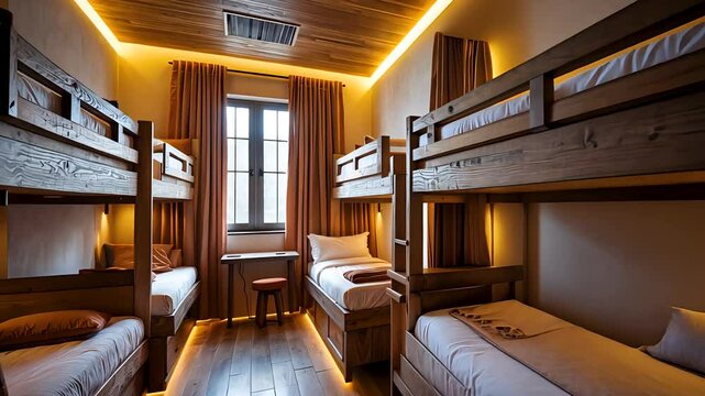 Wooden bunk beds in cozy hostel dorm room with warm lighting and window