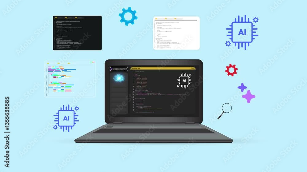 Poster ai coding assistant showing on the laptop screen with floating codes and shapes around, 4k animation