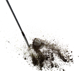 Golf ball explode from Tee off. Golfer hit ball with metal iron club to grass soil explosion on green. Golf club hit ball on green tee off with grass flying scatter. White background isolated