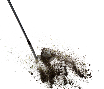 Golf ball explode from Tee off. Golfer hit ball with metal iron club to grass soil explosion on green. Golf club hit ball on green tee off with grass flying scatter. White background isolated